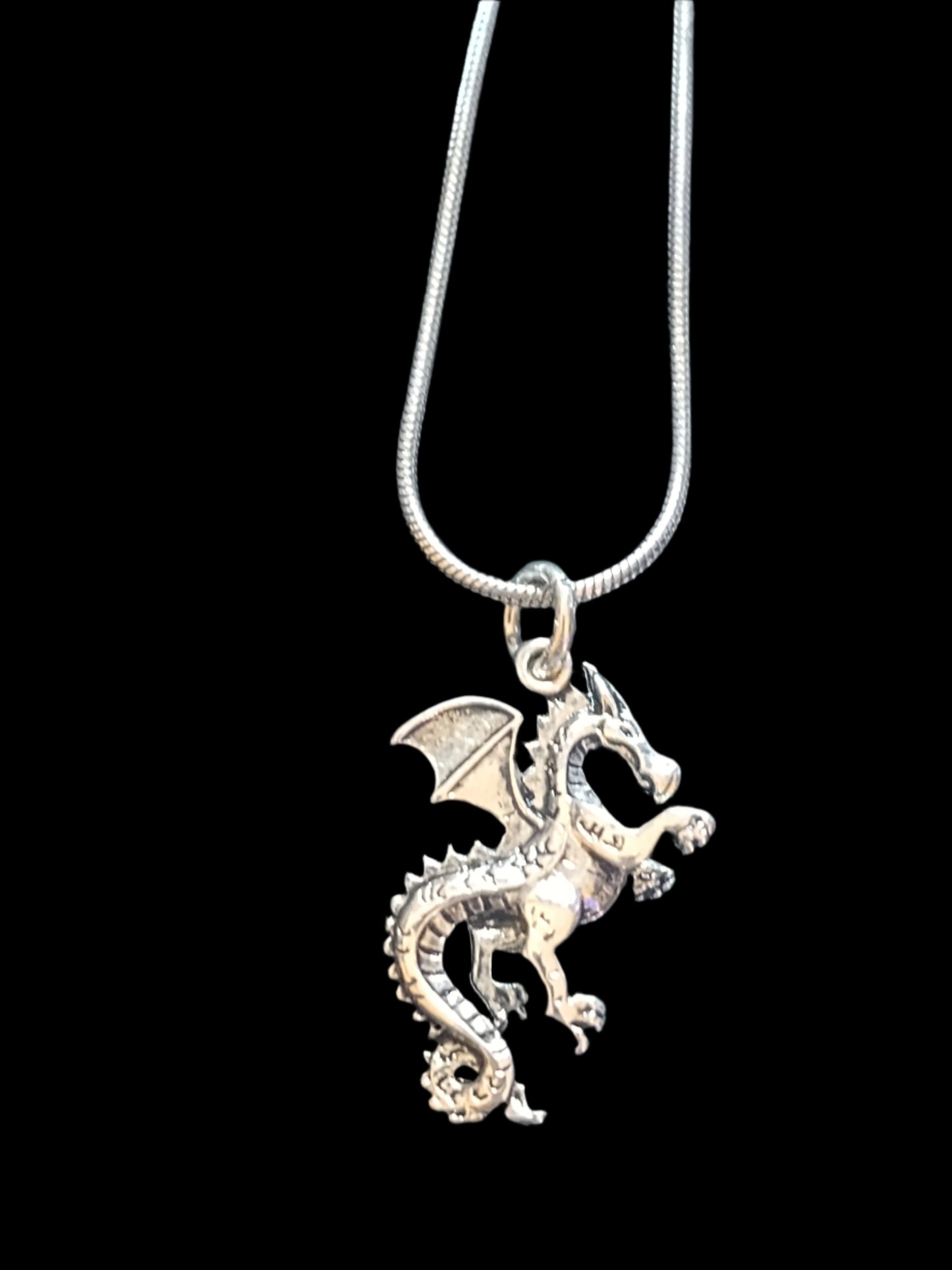 Mythic Silver Dragon Pendant 24"