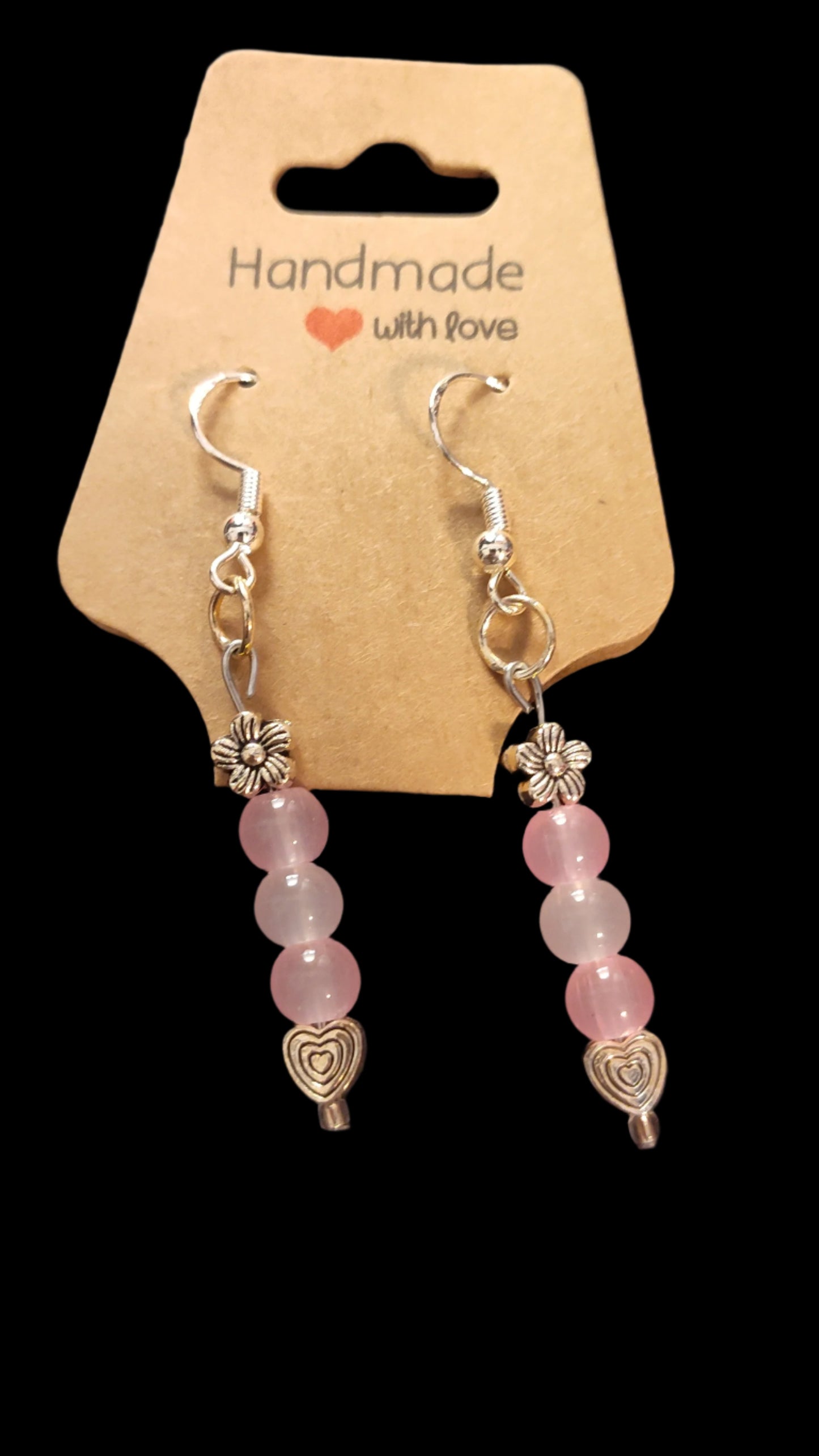 Pink Rose Drop Earrings -Heart Accent