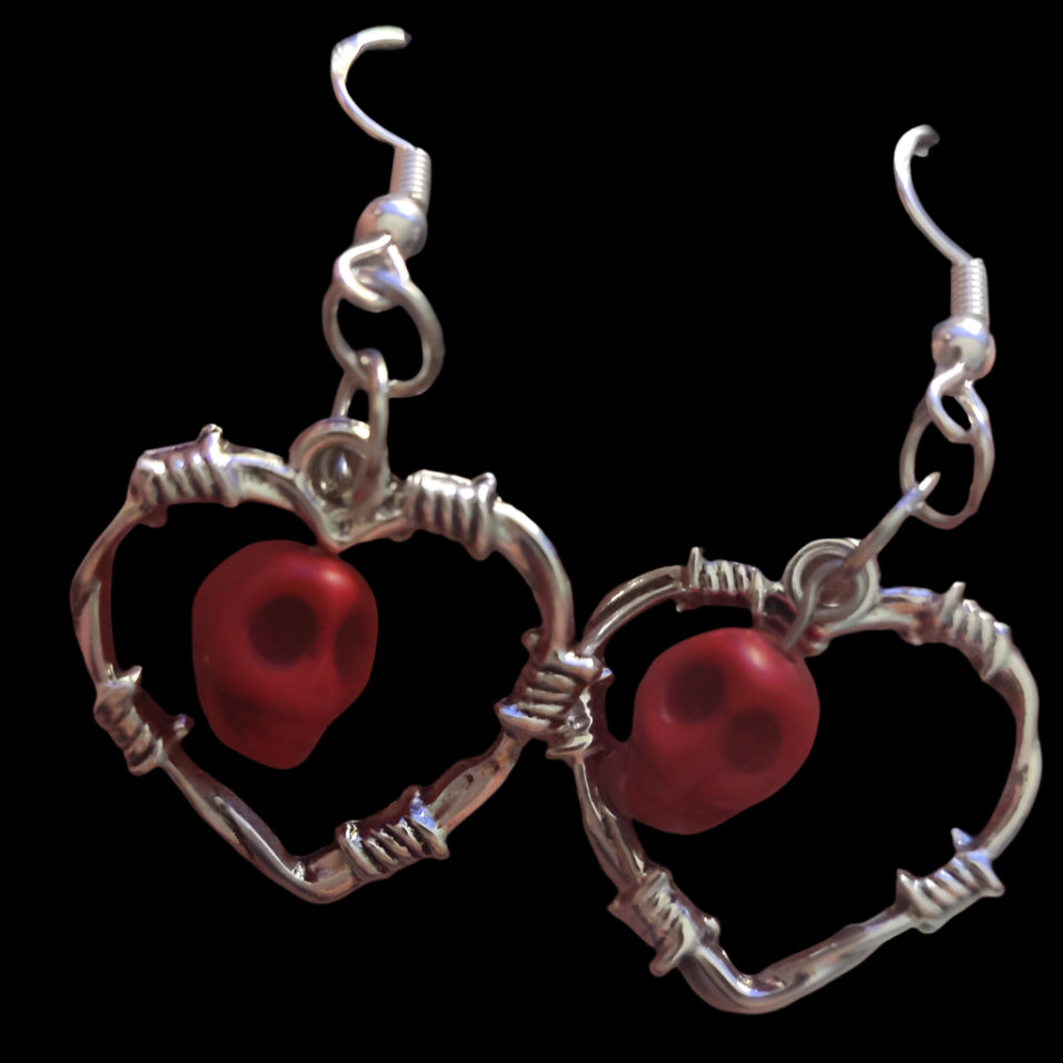 Barbed Wire Heart Skull Earrings