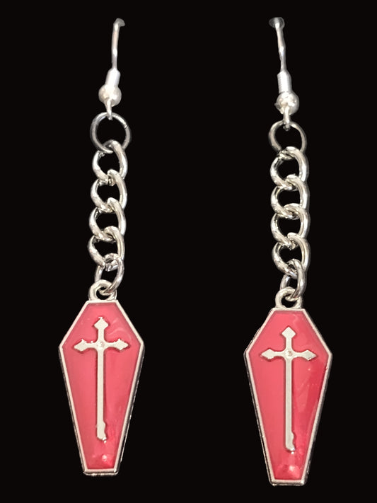 Crimson Coffin Cross Chain Earrings